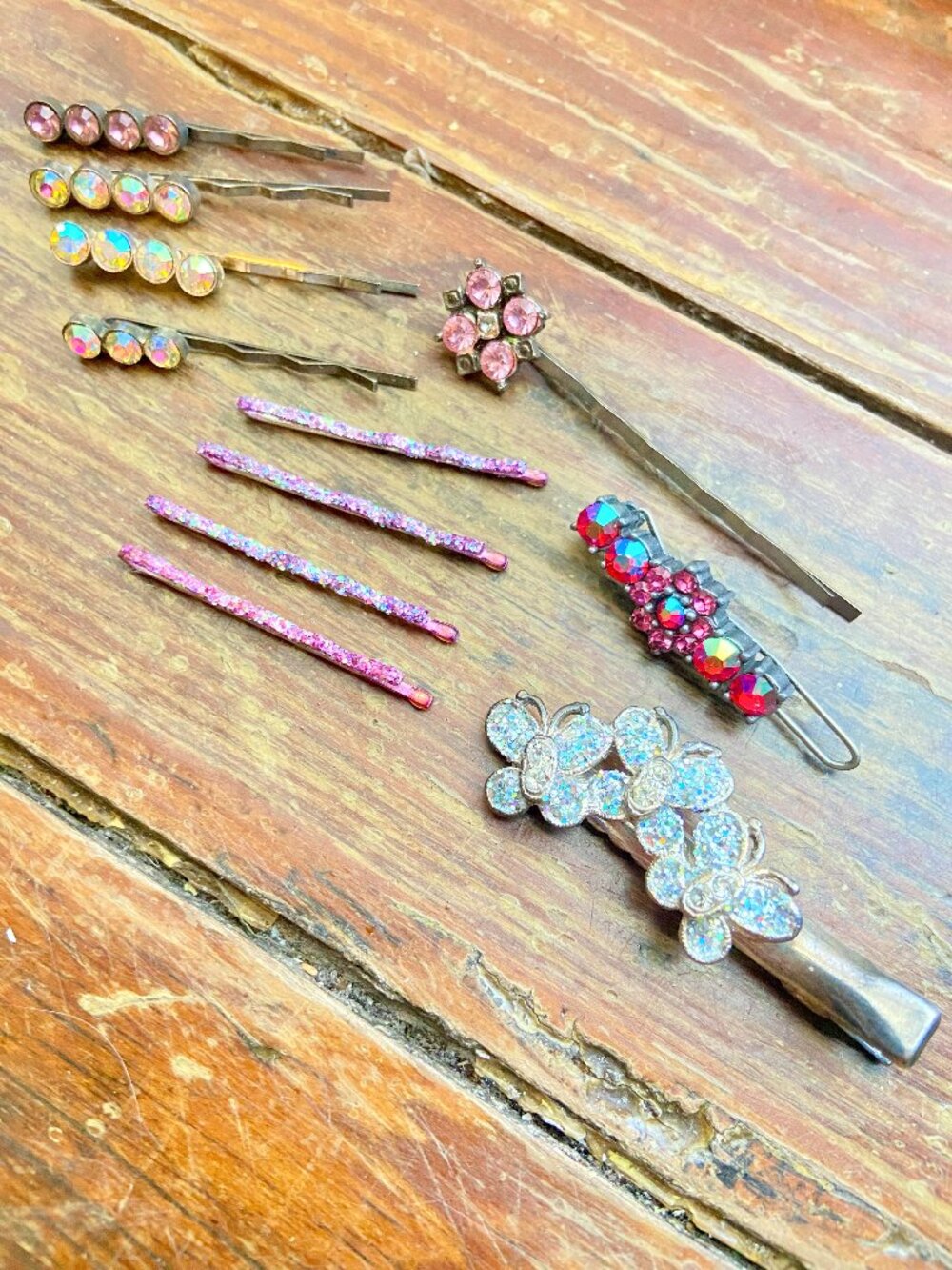 Vintage Lot of 11 Hair Barrettes Bobby Pins Clip PINK Rhinestone Butterfly Y2K